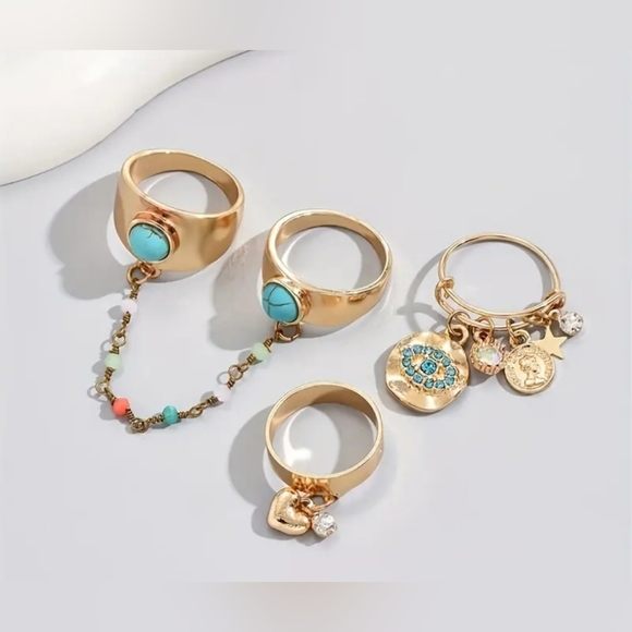 NEW! Gold and Turquoise Ring Set Of 4 NIP! - Picture 2 of 4